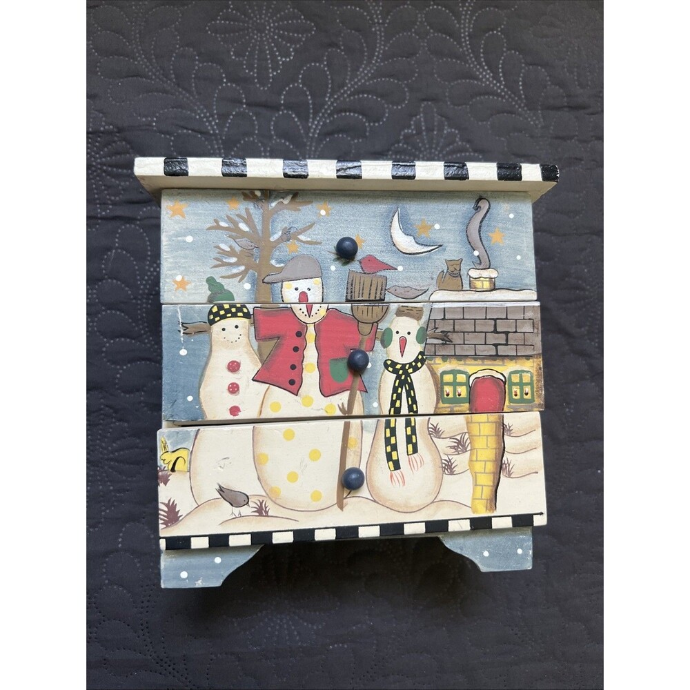 CHRISTMAS WOOD JEWELRY BOX CHEST DRESSER ORGANIZER TRINKET Country Snowman H 7”